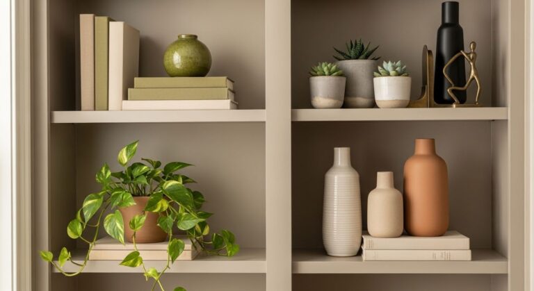 Living room shelf decor ideas — beautifully styled bookshelf with layered textures, curated objects, and 20% intentional empty space