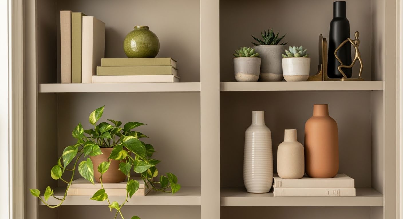 Living room shelf decor ideas — beautifully styled bookshelf with layered textures, curated objects, and 20% intentional empty space