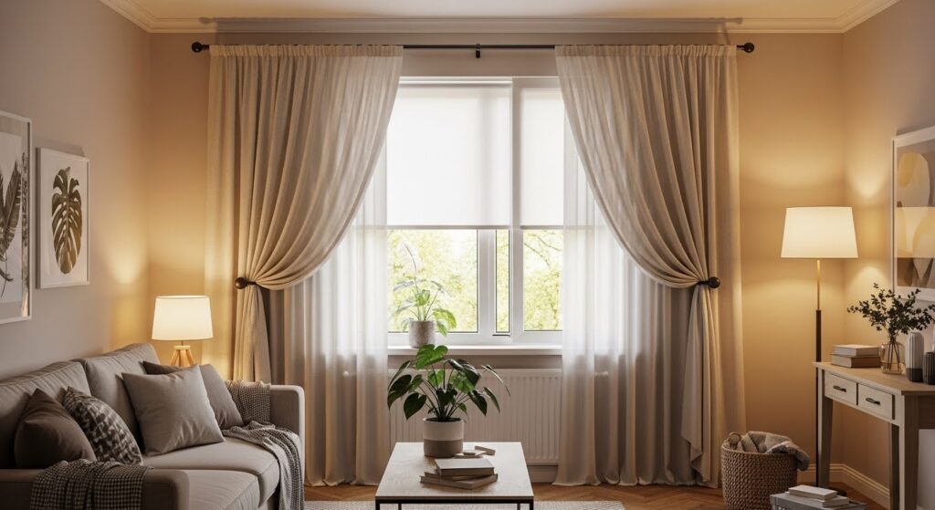 Roller blind paired with floor-length curtain panels as window treatments for small rooms combining function and style
