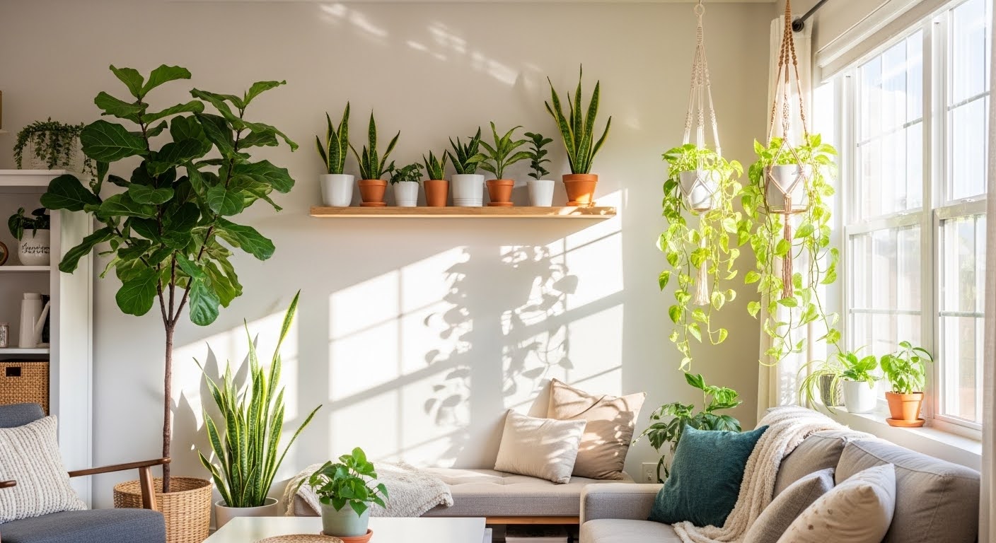 Living room plant ideas — cozy styled living room with tall fiddle leaf fig in corner, trailing pothos on shelf, and terracotta pots on side table
