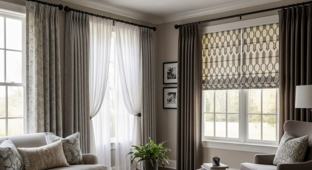 Small living room curtain ideas with floor-length sheer panels hung high and wide to make room feel taller