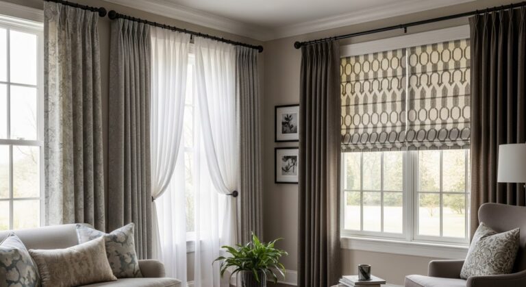 Small living room curtain ideas with floor-length sheer panels hung high and wide to make room feel taller