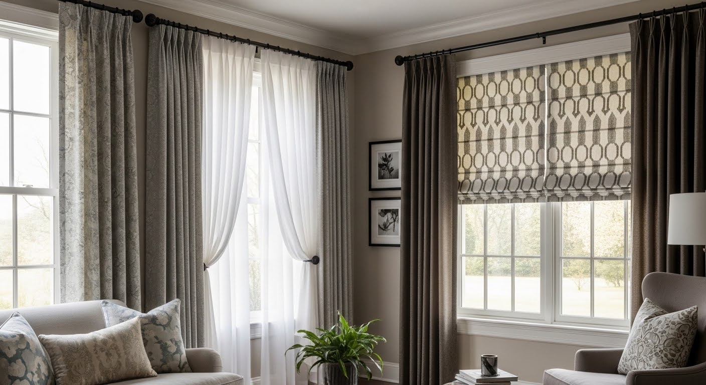 Small living room curtain ideas with floor-length sheer panels hung high and wide to make room feel taller