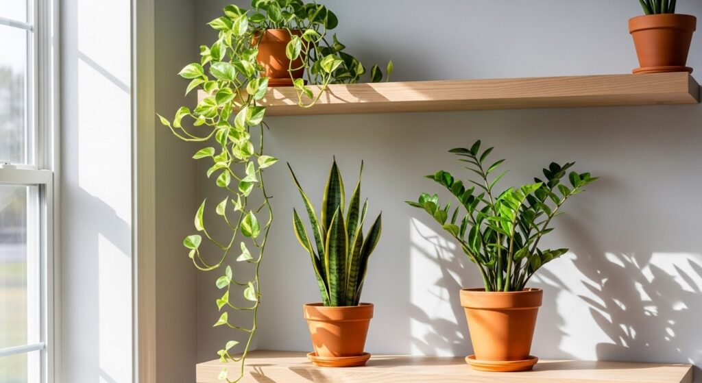 Best indoor plants for living room including pothos trailing on shelf, upright snake plant on floor, and glossy ZZ plant on side table