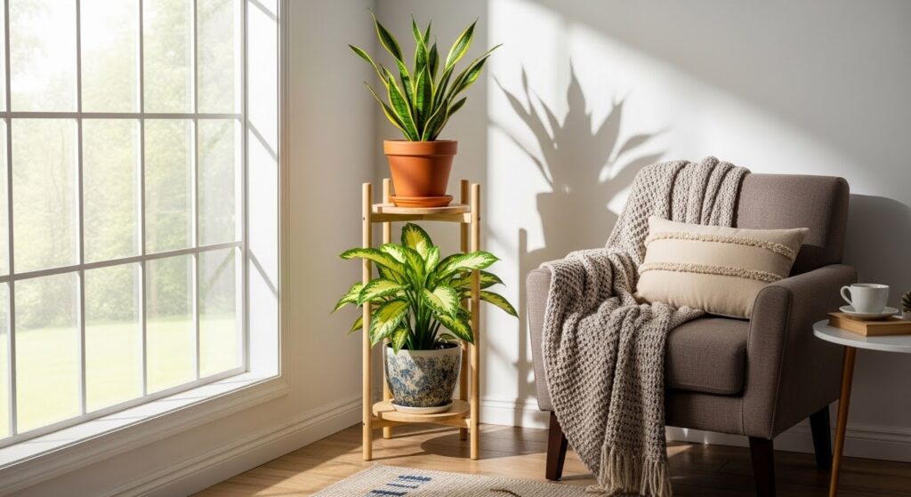 Living room plant ideas for low-light spaces using cast iron plant, variegated Chinese evergreen, and tall dracaena in dim apartment corner