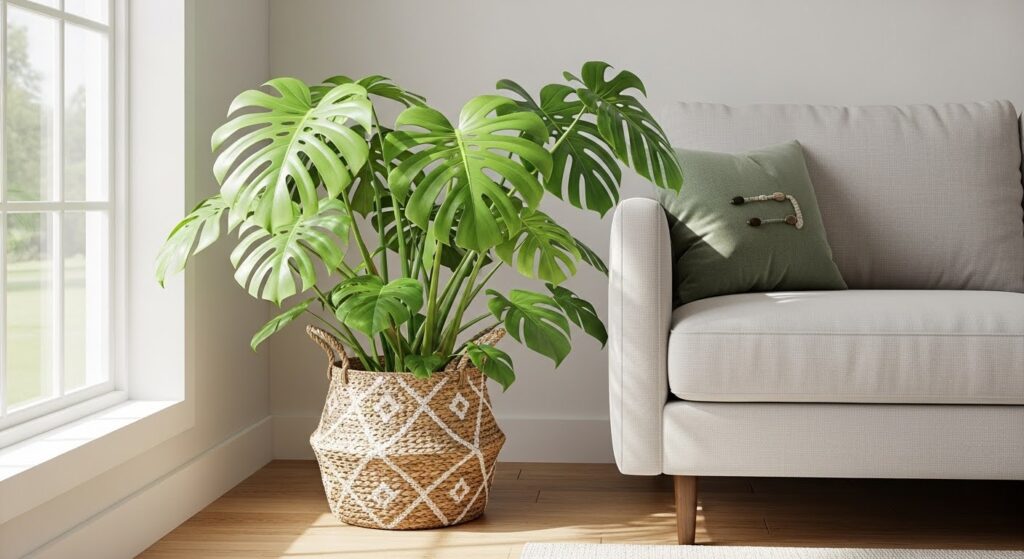 Large plant decor idea with monstera deliciosa in woven basket pot anchoring living room corner beside neutral linen sofa