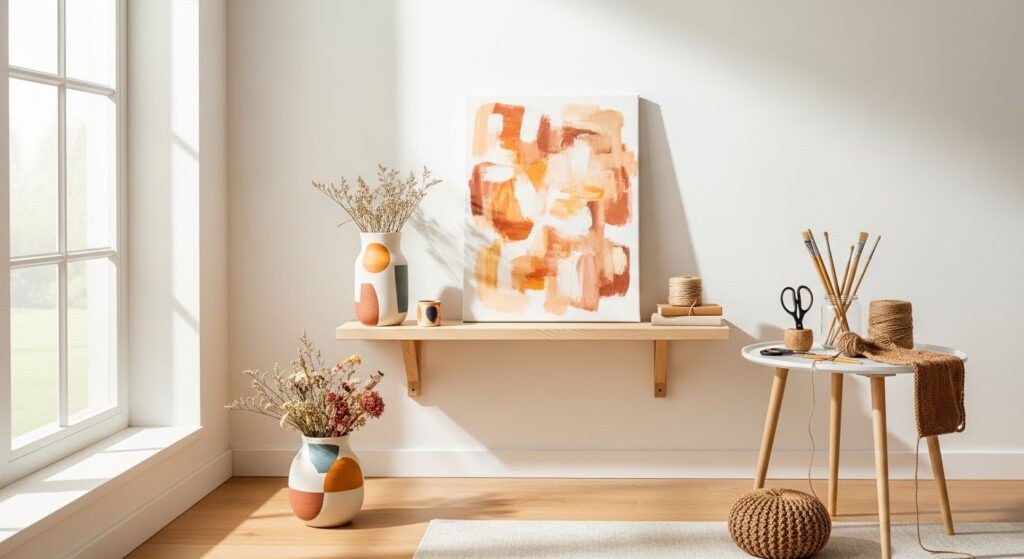 Homemade living room decor with large DIY canvas wall art hung on focal wall