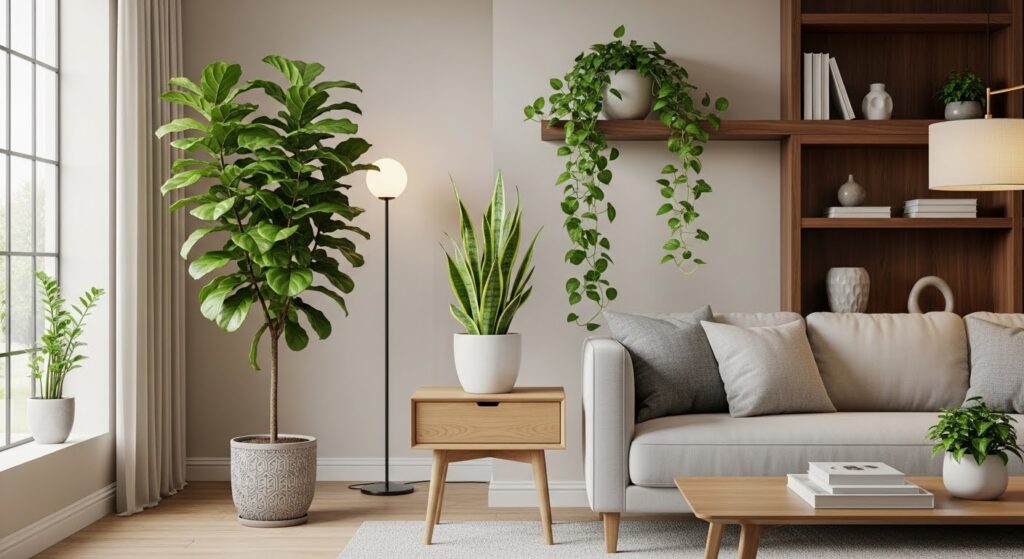 Plant decor ideas showing three-level layering — tall floor plant in corner, medium plant on console table, and trailing vine on bookshelf