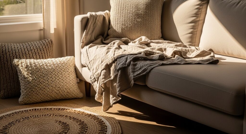 rustic modern living room layered with chunky knit throw linen cushions and jute rug