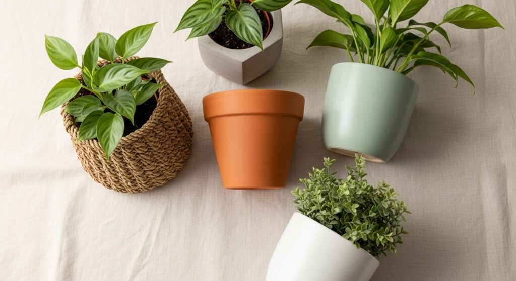 Indoor plants for living room styled in terracotta pot, woven rattan basket, and matte ceramic cover pot grouped on warm wooden floor