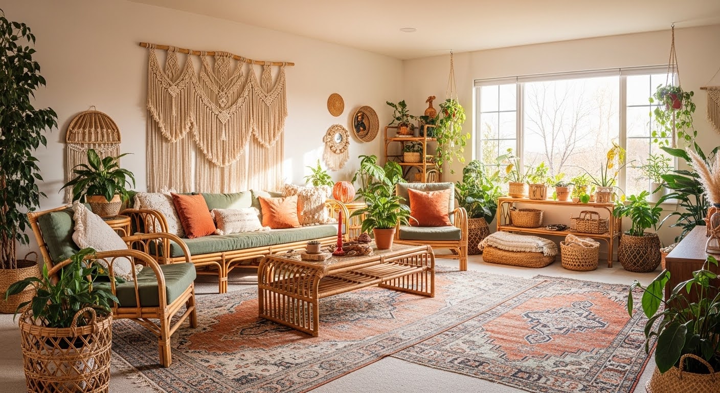 Neutral living room ideas with rattan furniture macrame wall hanging terracotta cushions and indoor plants