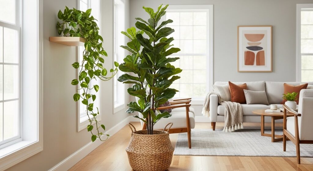 Faux plant decor ideas mixed with real plants on living room shelf — realistic fake pothos trailing beside live succulent in white ceramic pot