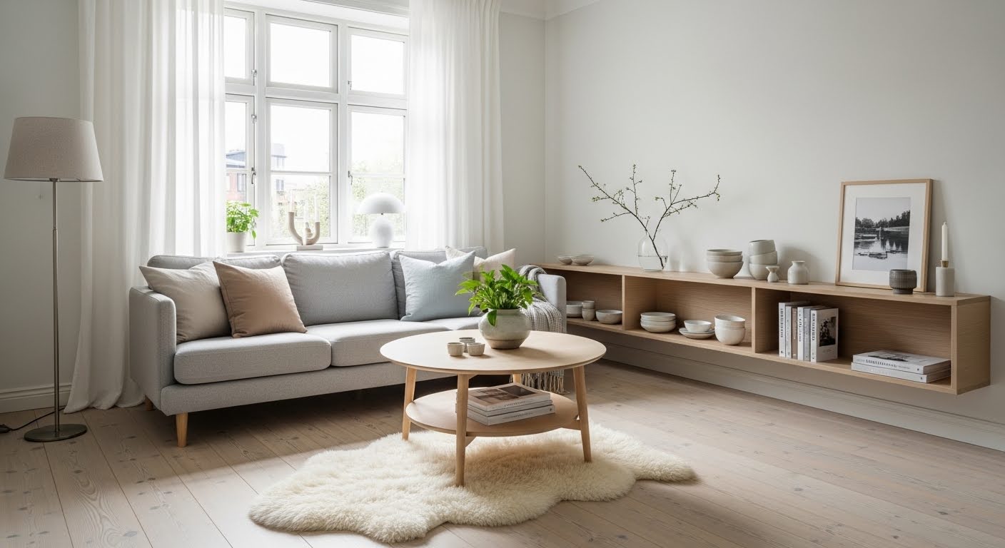 scandinavian living room ideas with white walls natural wood accents and warm hygge atmosphere