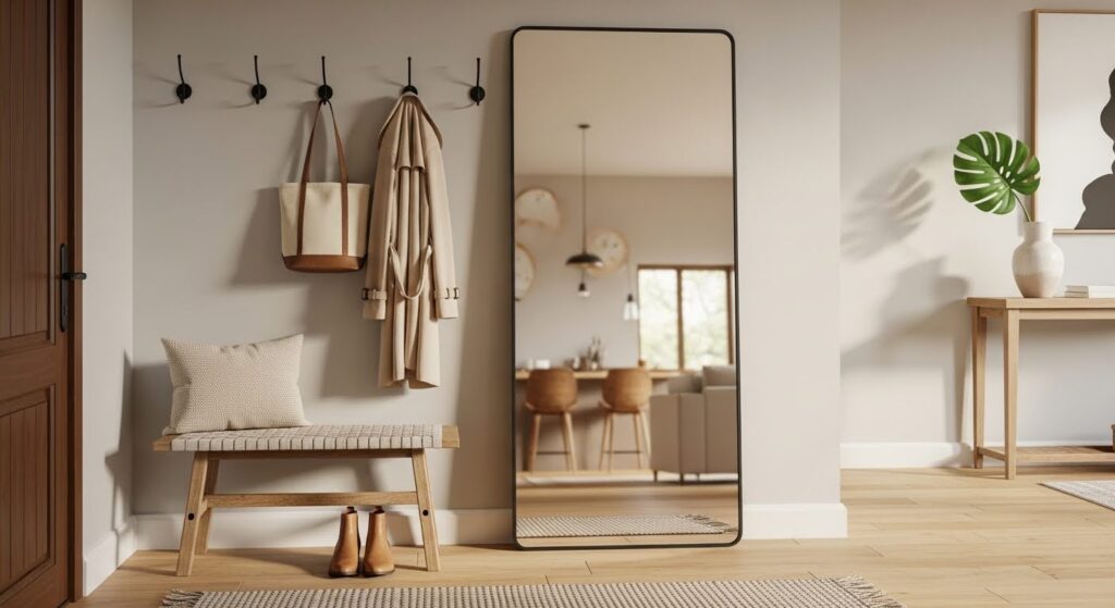 Mirror gallery wall above neutral sofa with five mixed-shape mirrors in unified brass frames arranged in natural odd-number composition