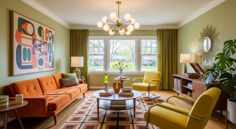 mid-century modern living room ideas with low-profile sofa walnut credenza and warm earthy tones