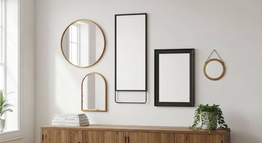 Statement mirror decor with oversized sunburst mirror above console table in minimalist living room serving as bold standalone focal point