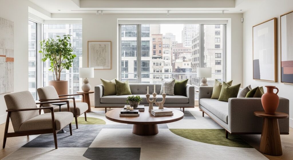 contemporary living room ideas with curved sofa warm earthy tones and layered lighting