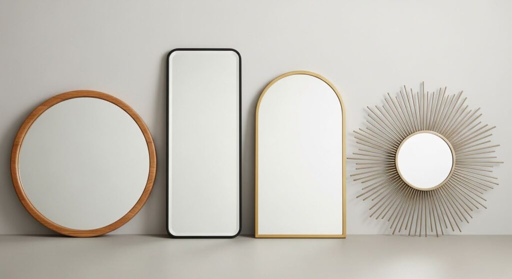 Living room mirror ideas combining function and style — full-length arch mirror near entry door and mirrored decorative tray on coffee table