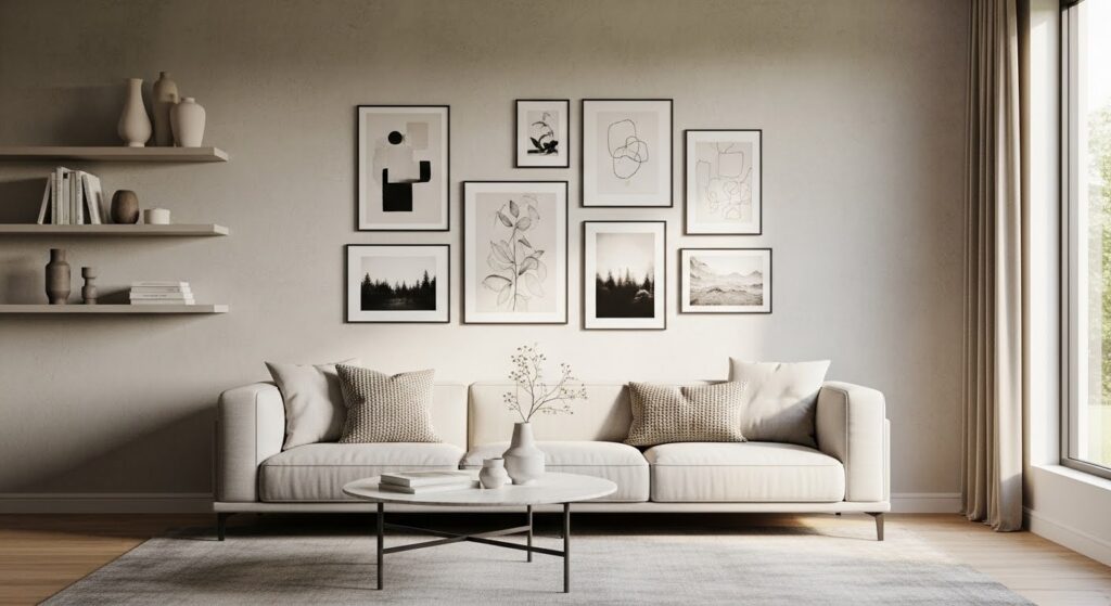 modern living room wall decor with oversized canvas art clean lines and warm neutral palette