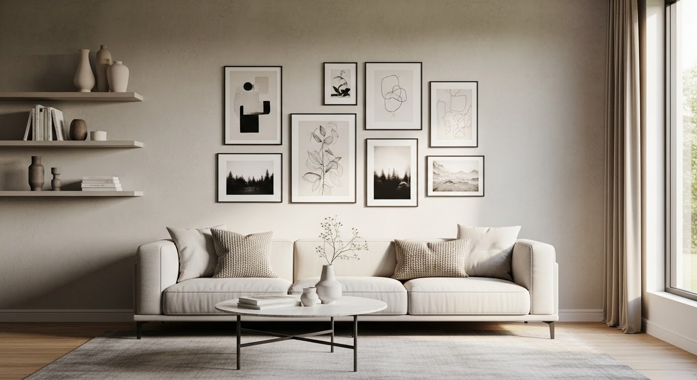 modern living room wall decor with oversized canvas art clean lines and warm neutral palette