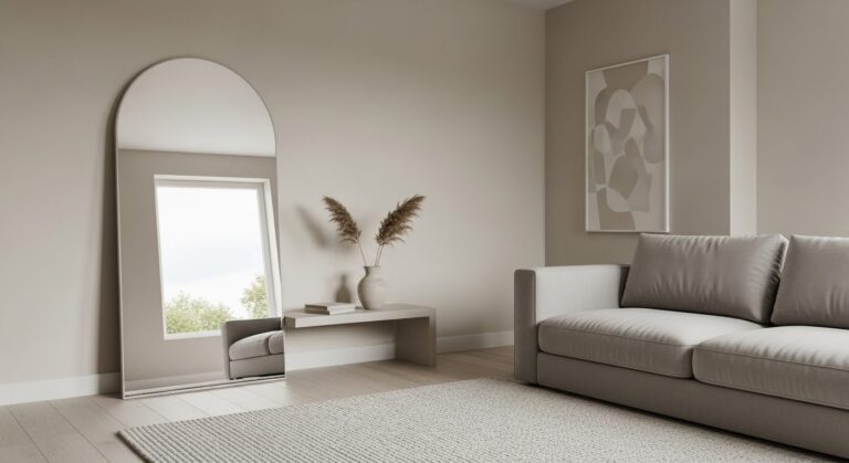 Living room mirror ideas — bright styled living room with large arch mirror above sofa reflecting natural window light into the space