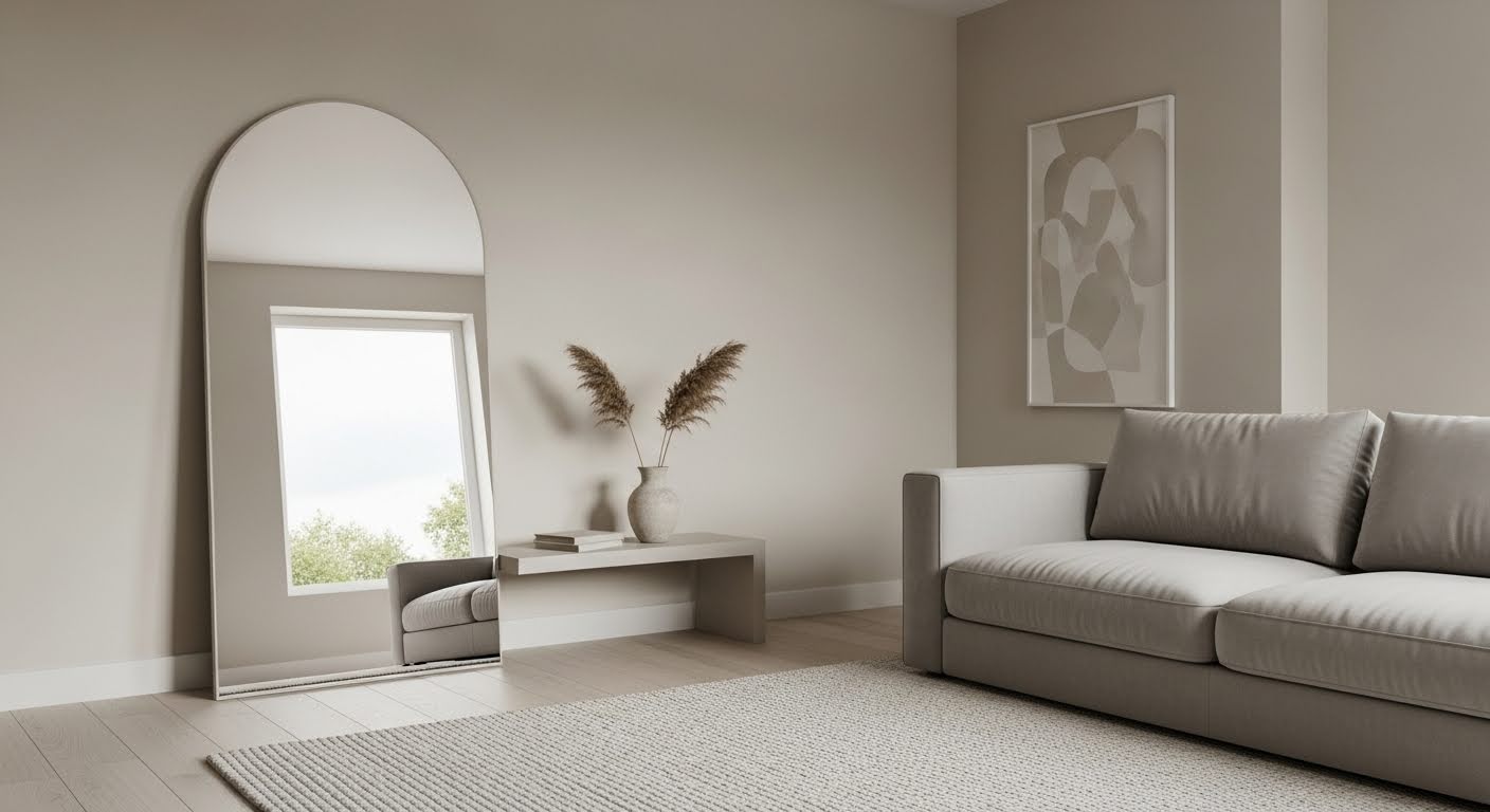 Living room mirror ideas — bright styled living room with large arch mirror above sofa reflecting natural window light into the space