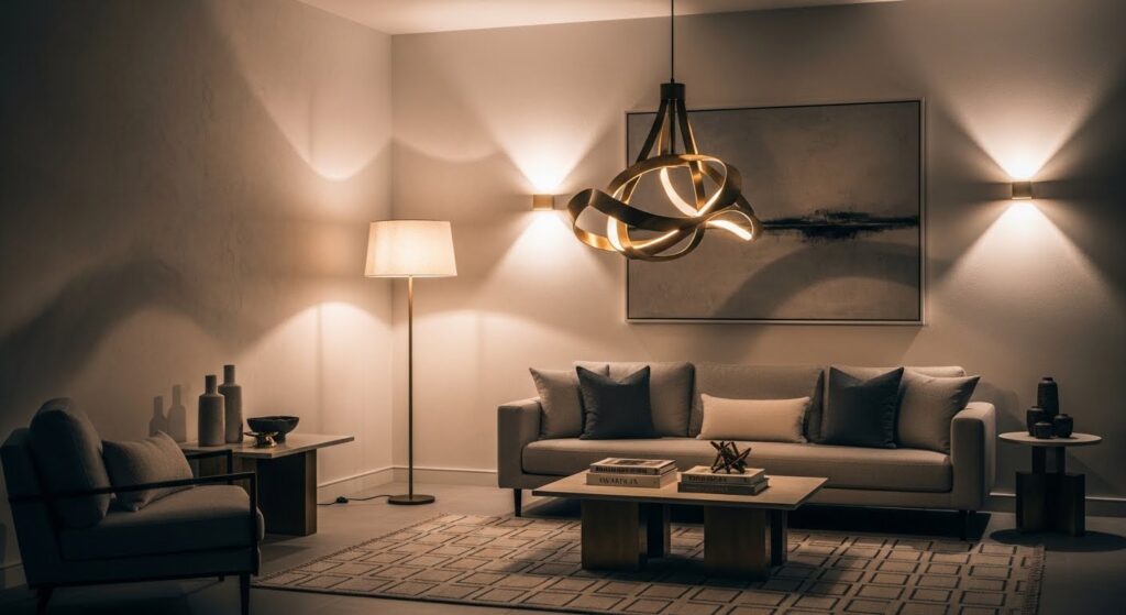 modern living room lighting with layered floor lamp pendant light and warm glowing atmosphere