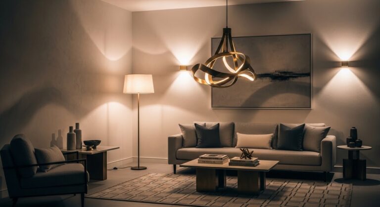 modern living room lighting with layered floor lamp pendant light and warm glowing atmosphere