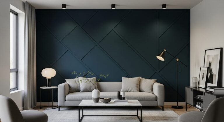 living room accent wall with dark navy geometric paneling, gray sofa, marble coffee table and black floor lamp