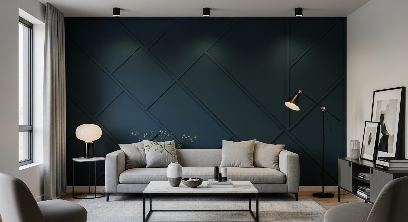 living room accent wall with dark navy geometric paneling, gray sofa, marble coffee table and black floor lamp