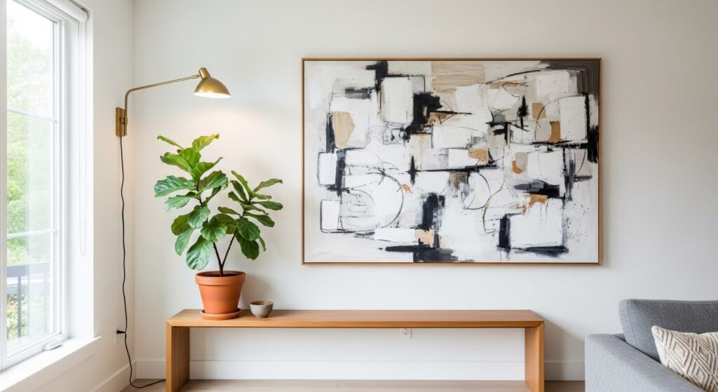 blank wall solutions with oversized abstract wall art above an oak bench in a modern living room