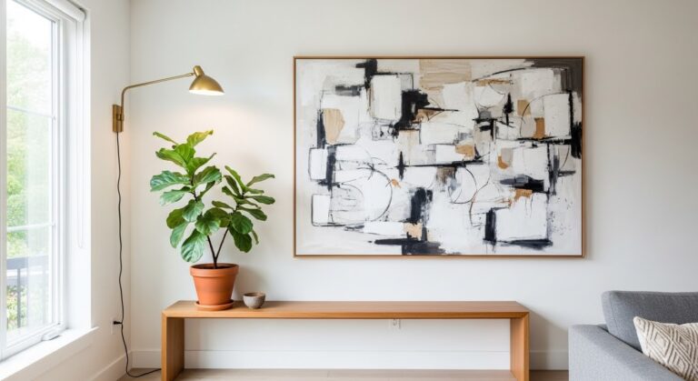 blank wall solutions with oversized abstract wall art above an oak bench in a modern living room