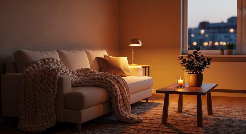 Cozy living room decor ingredients with soft rug natural wood and candles as focal point