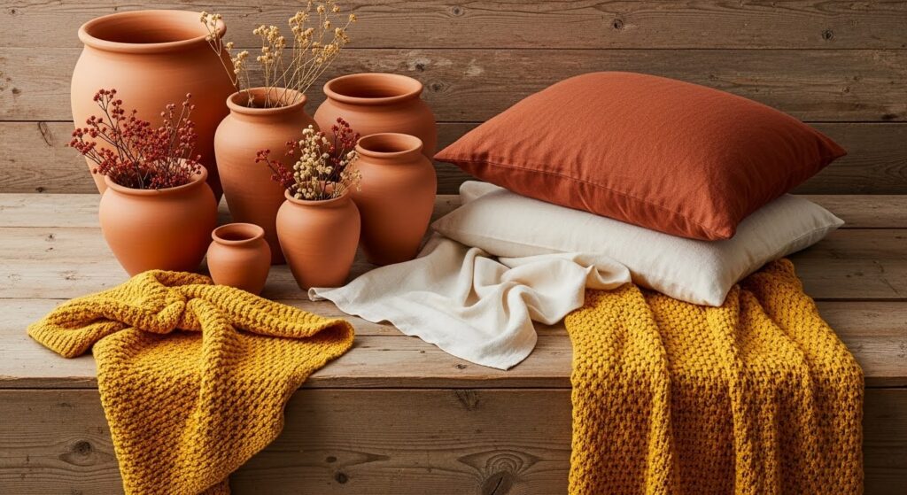 cozy living room ideas using warm color palette with terracotta rust and dusty rose accents
