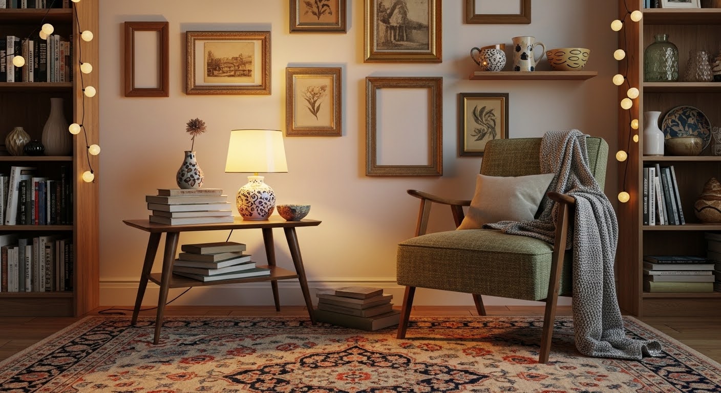 Cozy thrifted living room nook with vintage chair, side table, gallery wall and warm secondhand decor