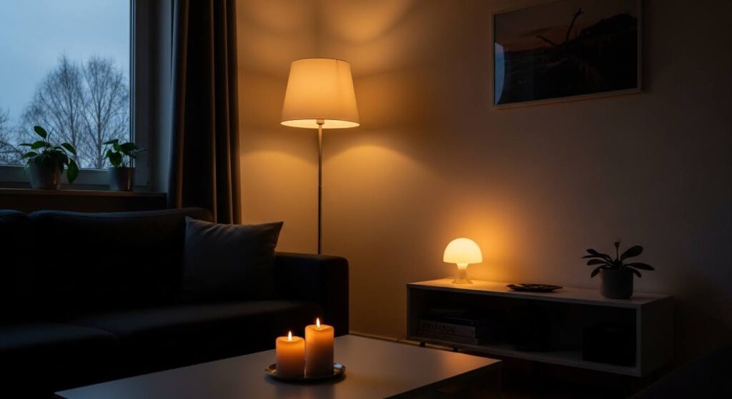layered lighting for cozy living room with floor lamp table lamp and candles at three heights