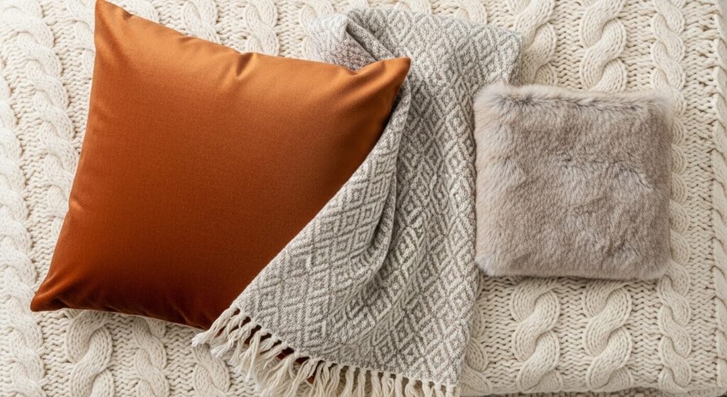 textile layering formula for warm living room decor with chunky knit throw velvet cushions and jute rug
