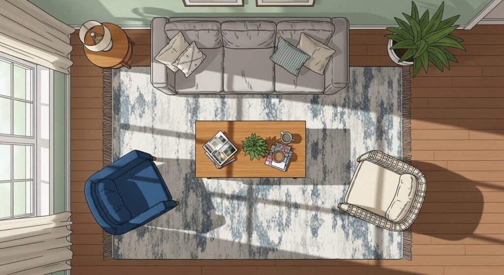 furniture arrangement for hygge living room with conversation zone sofa pulled from walls