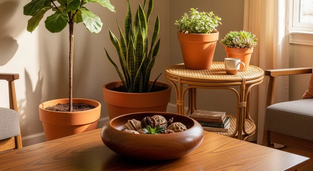 bringing nature into cozy living room ideas with terracotta plant pots rattan basket and wooden tray
