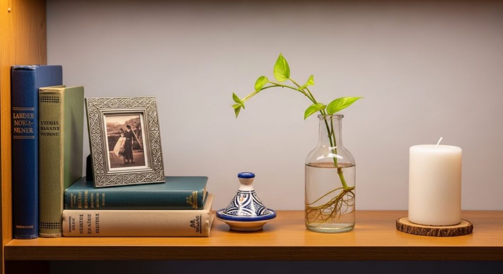 personal touches in warm living room decor with curated shelf vignette travel souvenirs and real books