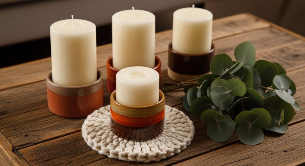 scent and atmosphere in cozy living room with candle grouping reed diffuser and dried eucalyptus