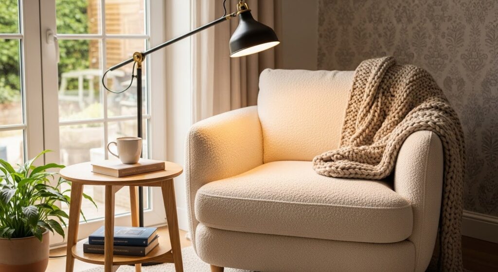 cozy reading nook in living room with comfortable chair dedicated lamp throw and side table
