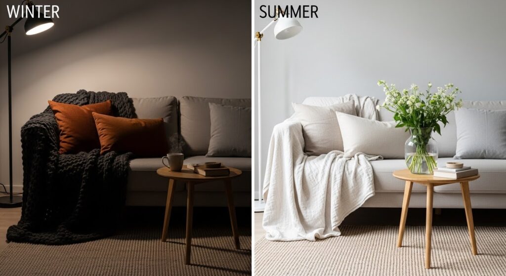 seasonal cozy living room ideas with chunky knit throw rust cushions and warm spiced candle in autumn