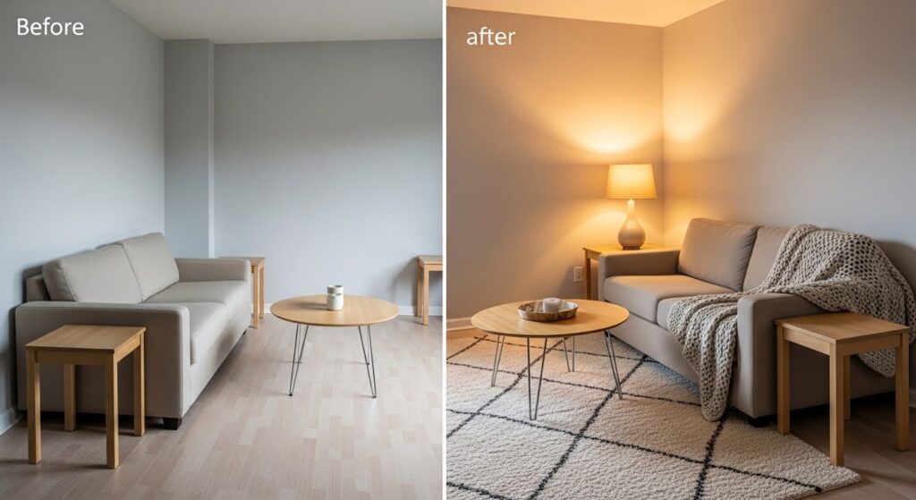 budget cozy living room ideas with secondhand area rug rattan basket and warm floor lamp under 75 dollars