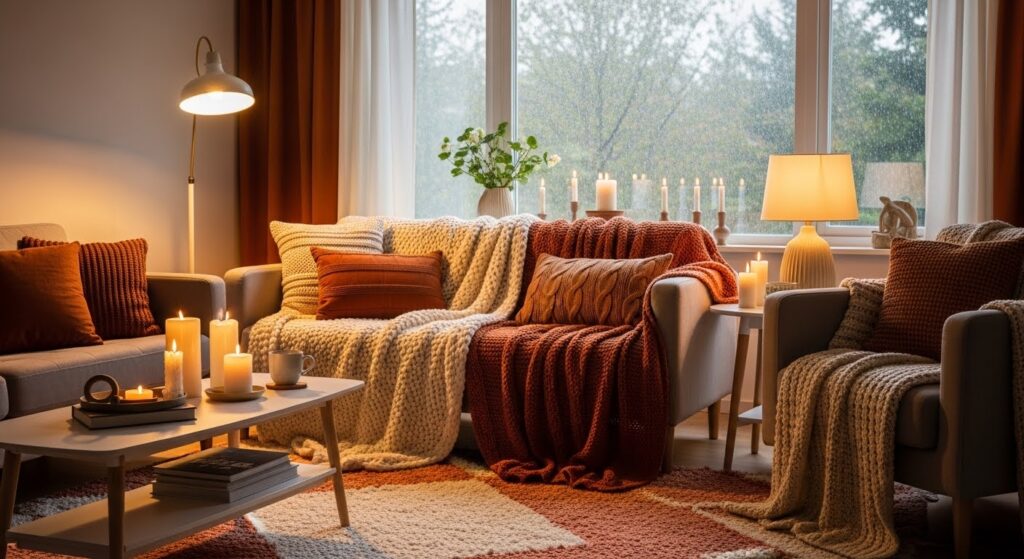 cozy living room ideas with warm lighting layered textiles and hygge atmosphere
