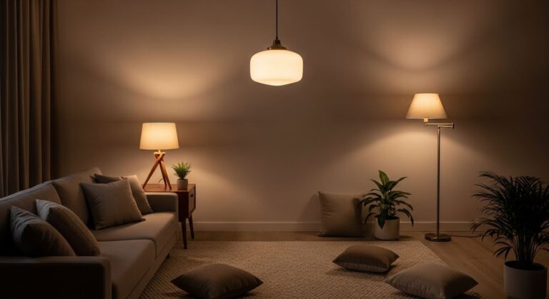 layered lighting living room with warm ambient floor lamp and cozy accent candles