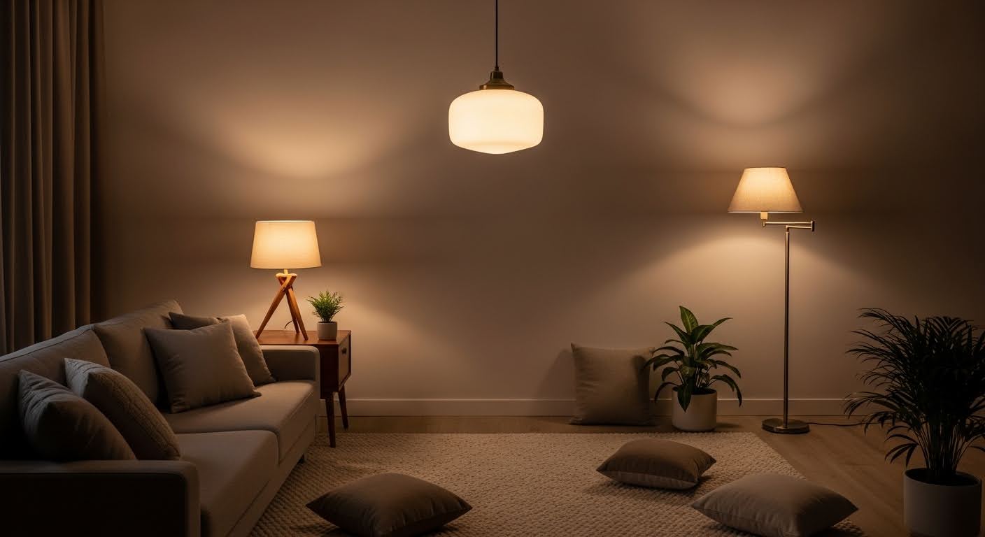 layered lighting living room with warm ambient floor lamp and cozy accent candles