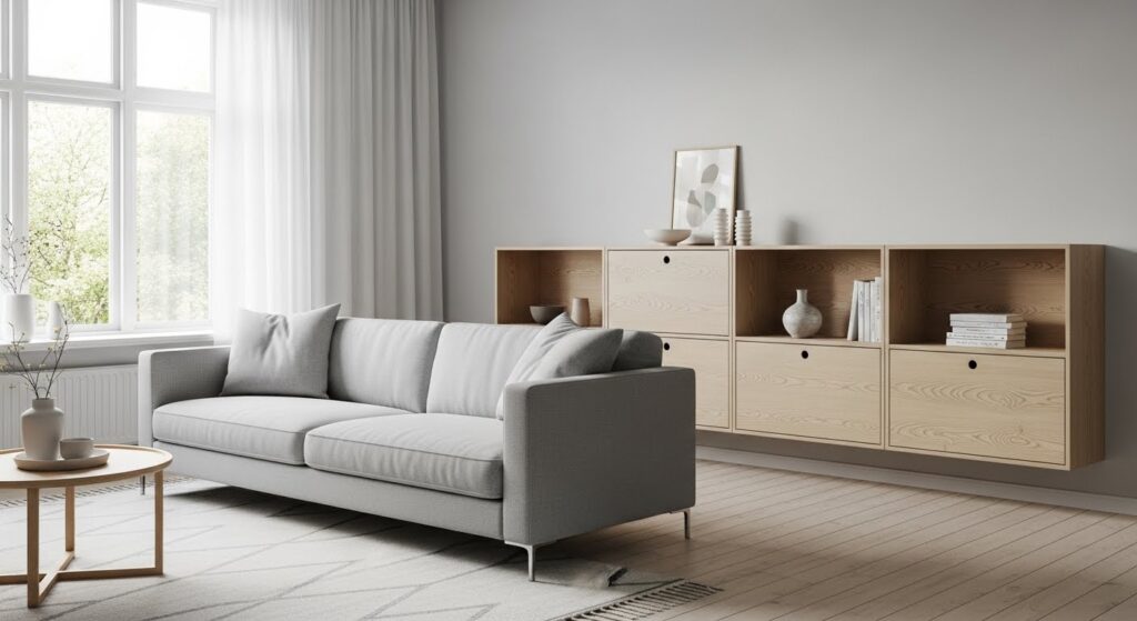 Minimalist IKEA-style living room with gray sofa and floating wood storage cabinet
