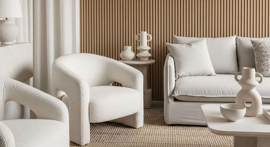 Neutral textured living room with bouclé chairs, linen sofa, wood slat wall and layered decor