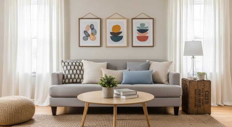 Affordable neutral living room with gray sofa, abstract art, round coffee table and sheer curtains